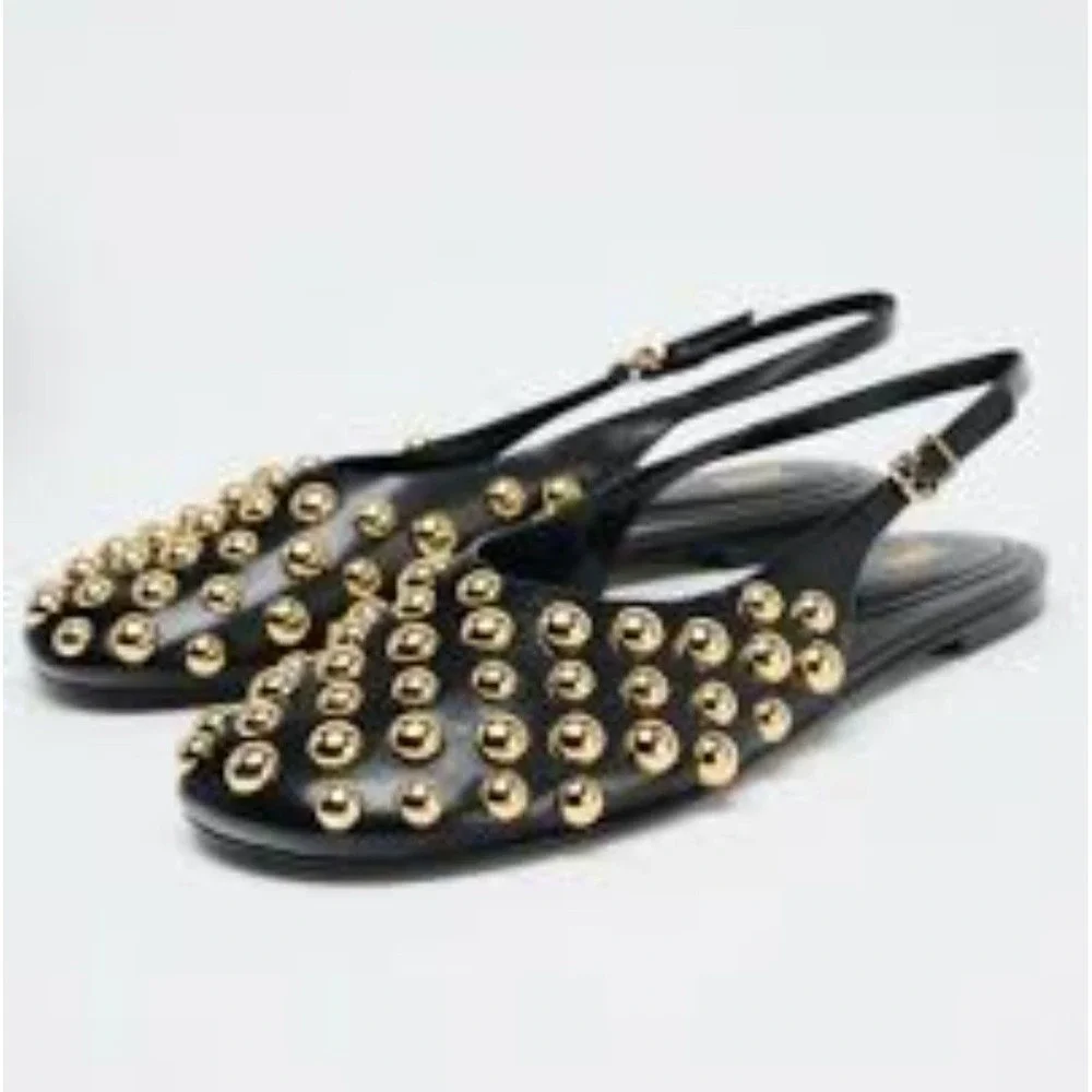 Zara Studded Gold On Black Leather Flat Slingback Sandals Sz 9 Bloggers Fave Pic - Picture 2 of 10